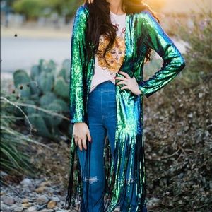 NWT Peacock Fringe Sequin Duster